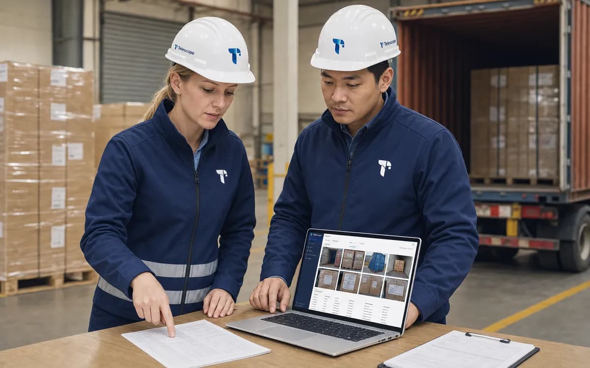 Dos coordinadores de Telescope revisando el registro de una inspección en un portátil
