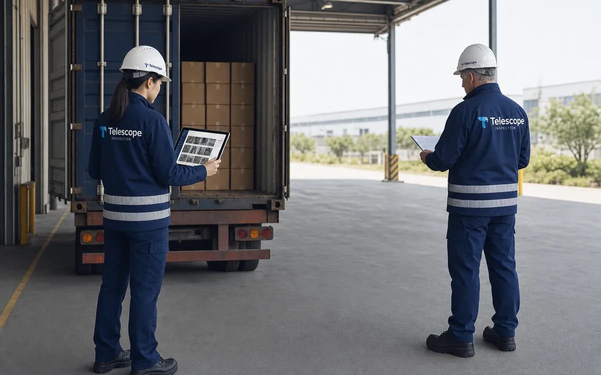 Dos inspectores de Telescope registrando una carga con tabletas junto a la caja de un camión