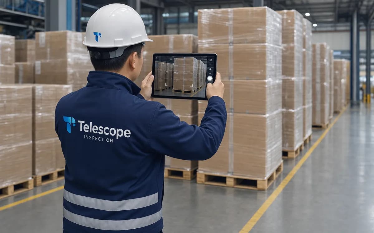Inspector de Telescope midiendo un cartón con cinta métrica y registrando la lista de verificación en una tableta